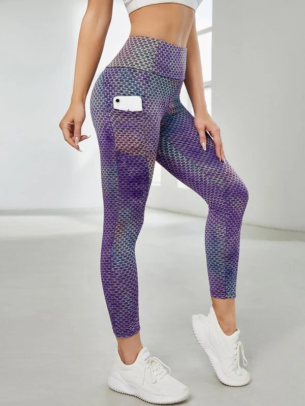 Tie Dye Honeycomb Textured Sports Leggings With Phone Pocket