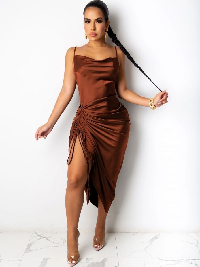 Ruched Satin Backless Long Dress