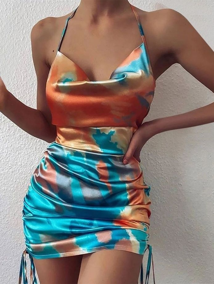 Drawstring Tie-dye Satin Sexy Dress
