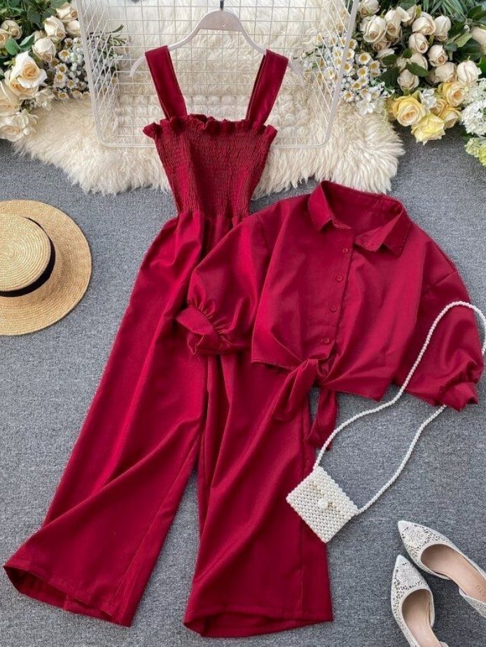 Solid Thin Coat+Jumpsuits Two Pieces Sets