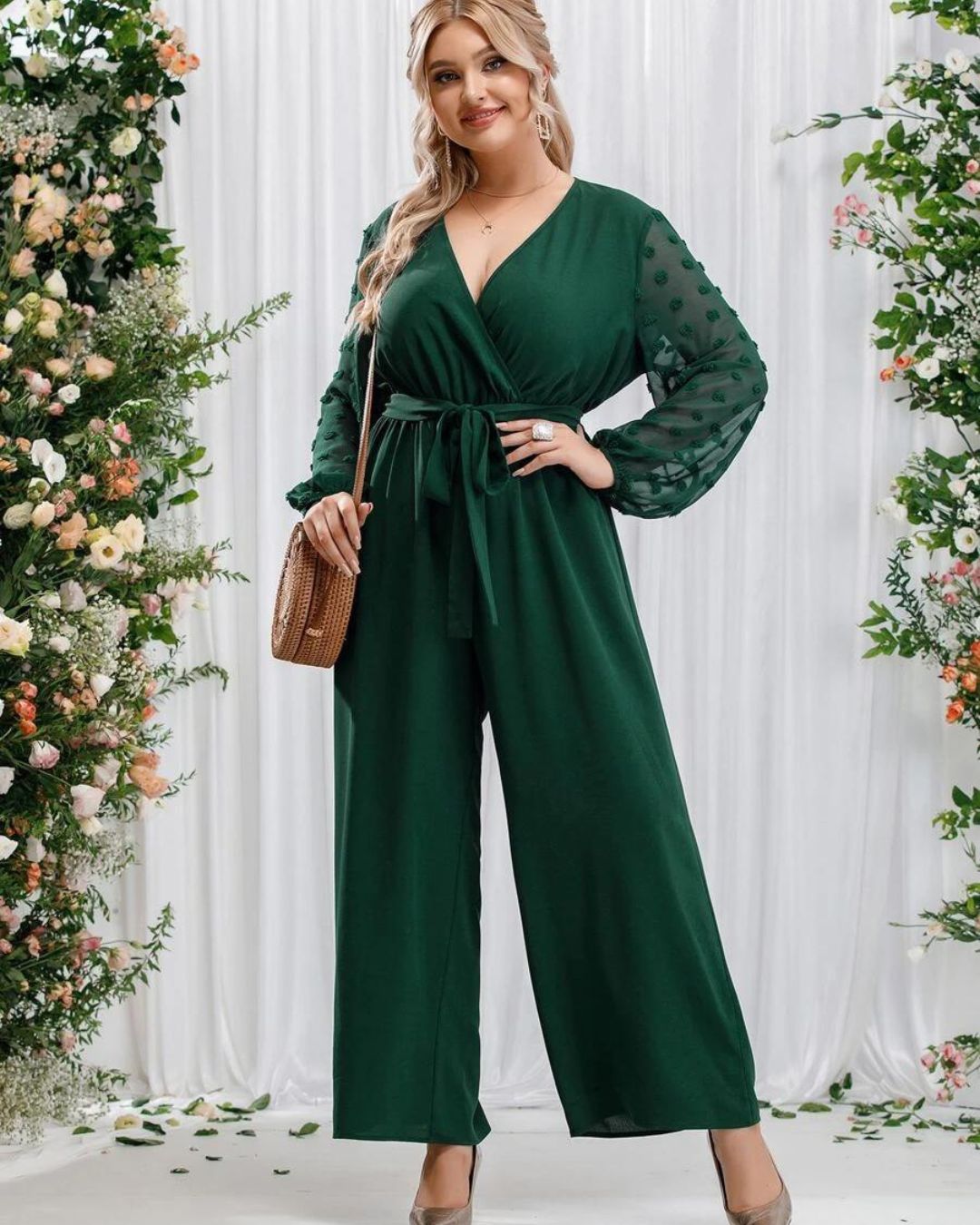 Plus Size Loose Belted Puff Sleeve Jumpsuit
