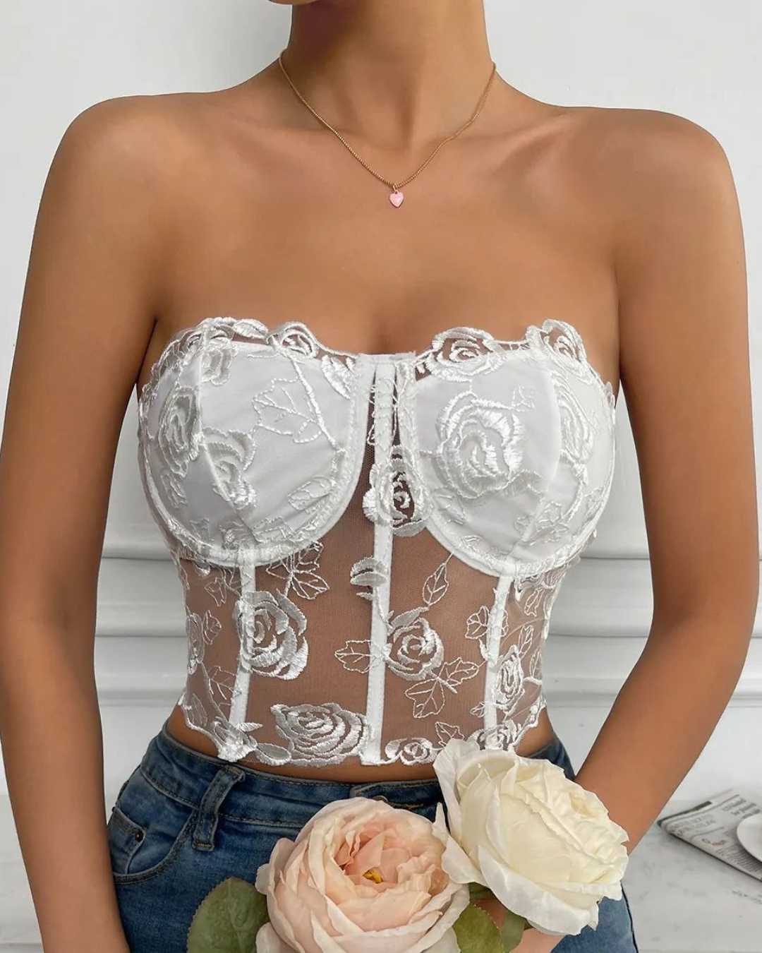 Floral Lace Corset Strapless Sleeveless Tube Top