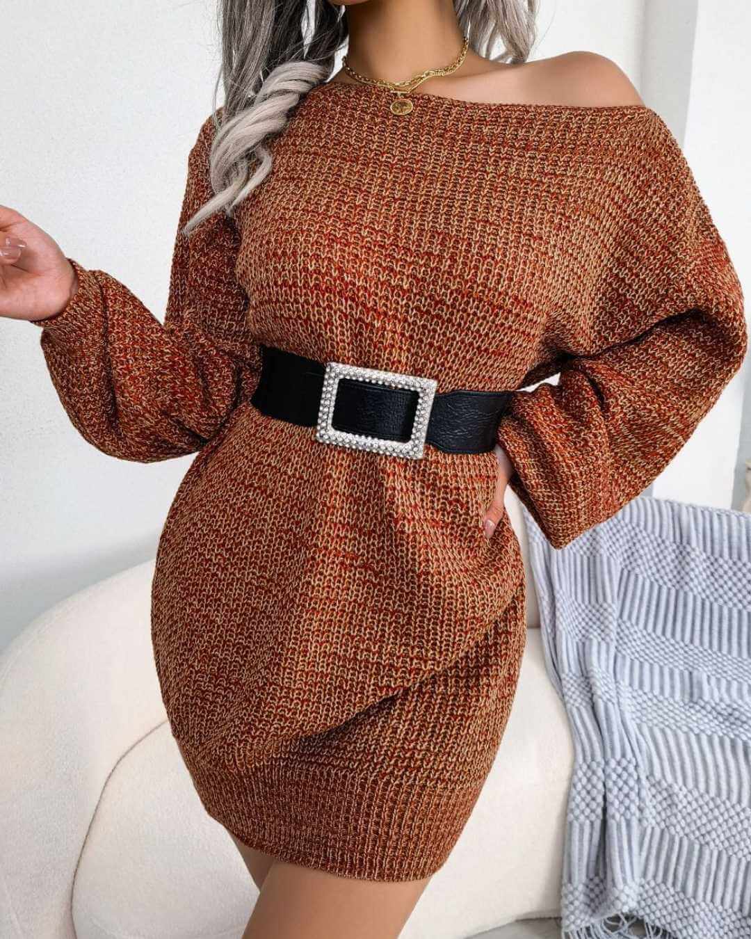One-Line Neck Off-the-Shoulder Knit Sweater with Belt