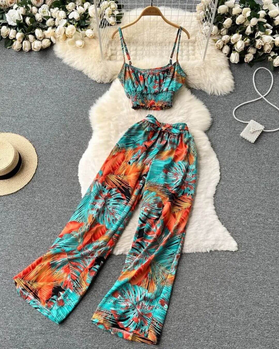 Floral Tops Casual High Waist Two Piece Pants Set