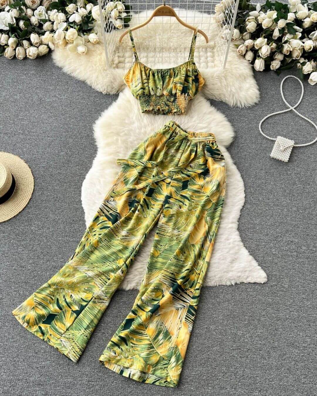Floral Tops Casual High Waist Two Piece Pants Set