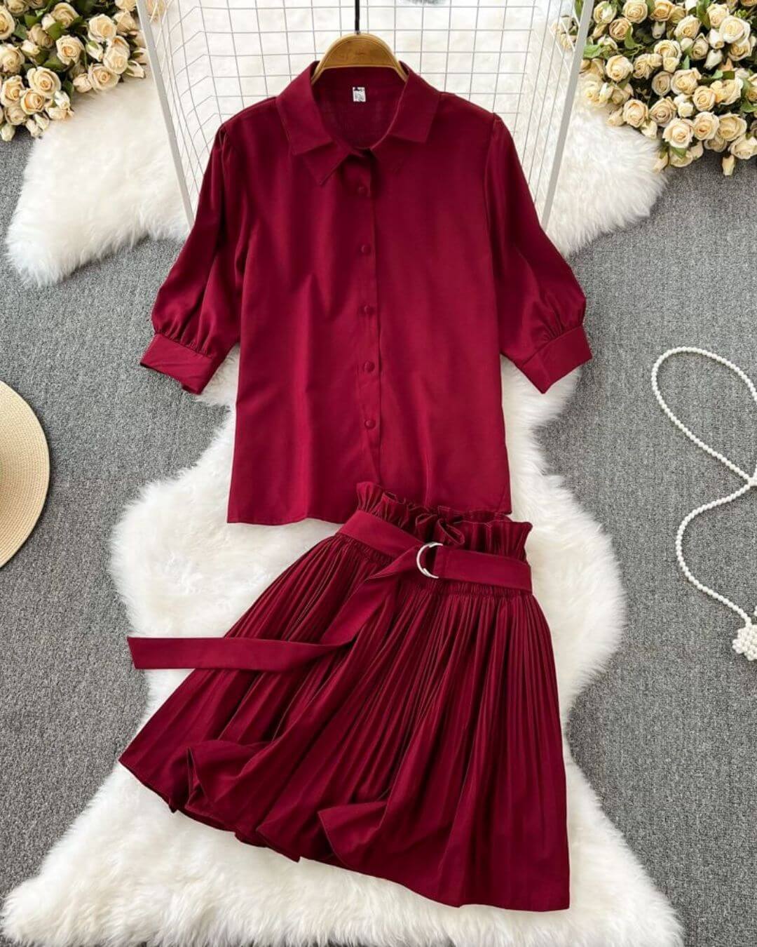 Shirt Two-piece High Waist Pleated Skirt Set