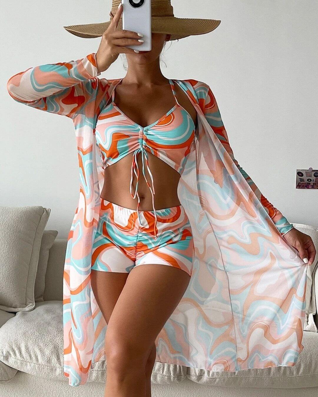 Sexy 3 Pieces Swimsuit Long Sleeve Cover Up
