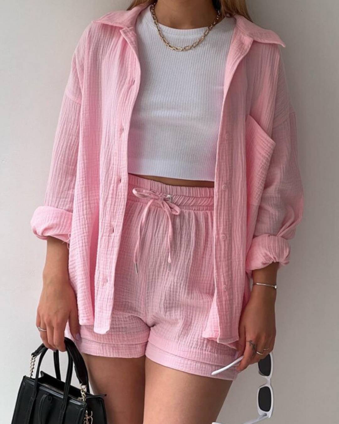 Long Sleeved Pleated Shirt & Short Two pieces Set
