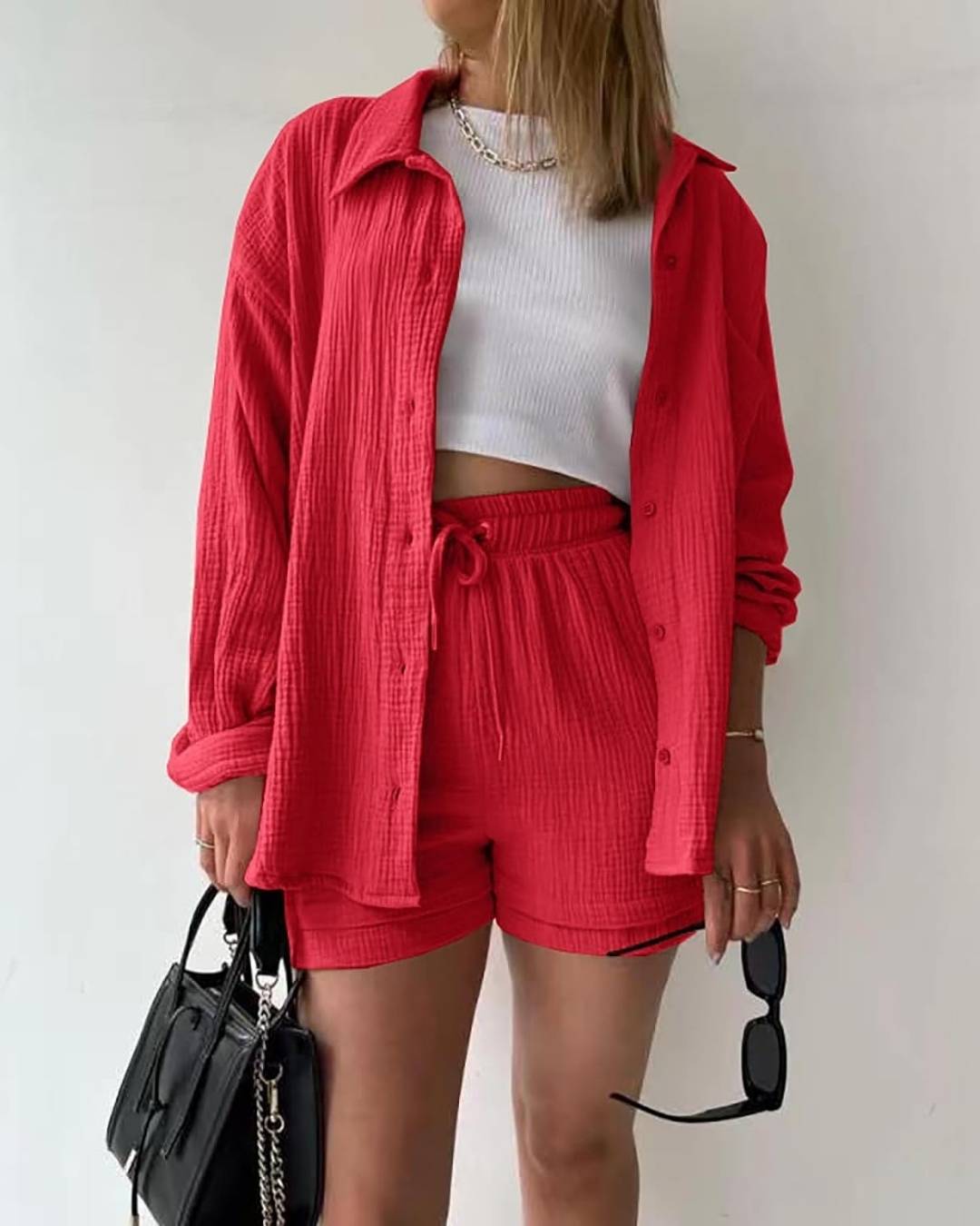 Long Sleeved Pleated Shirt & Short Two pieces Set