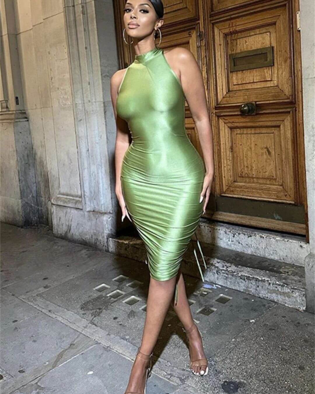 Sleeveless Drawstring Green Dresses