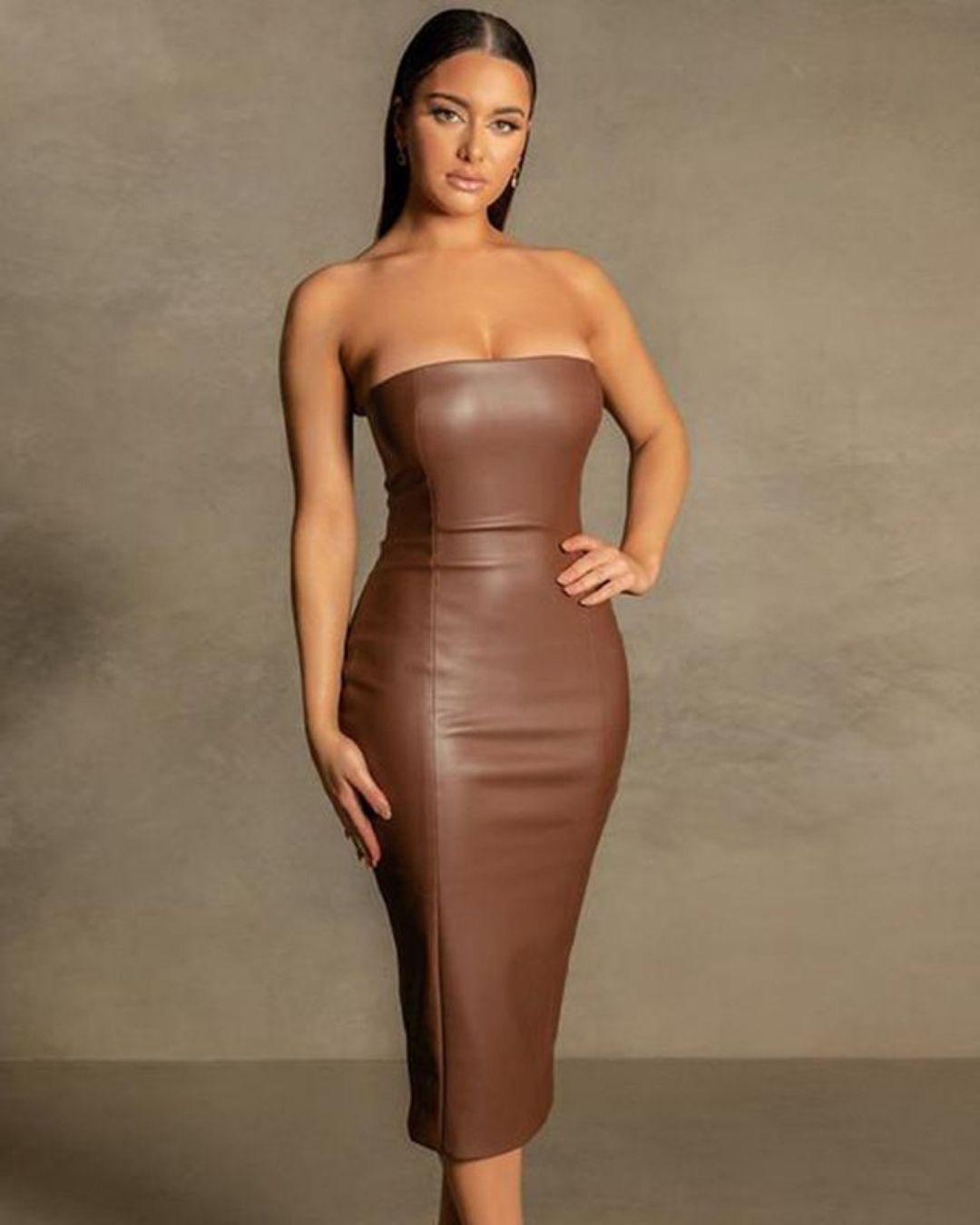 Brown Sleeveless PU Dress