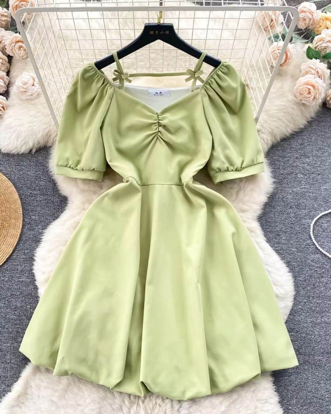 Sweet Bow Strap Off Shoulder Bubble Sleeves Dress