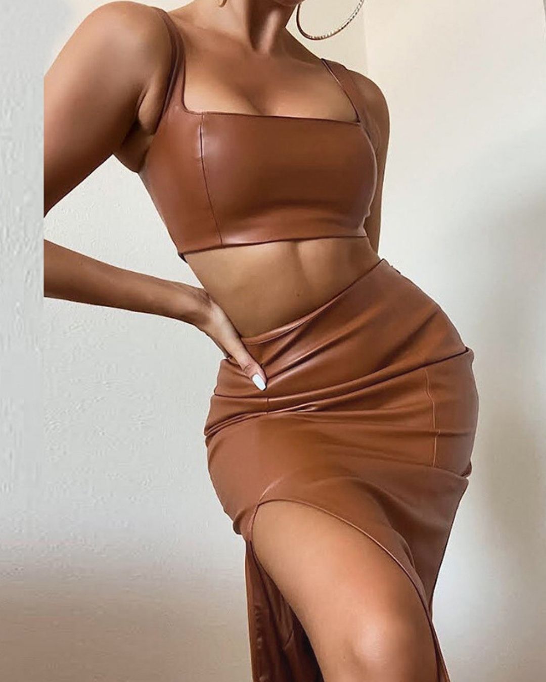 Faux Leather Crop Top and Skirt Set