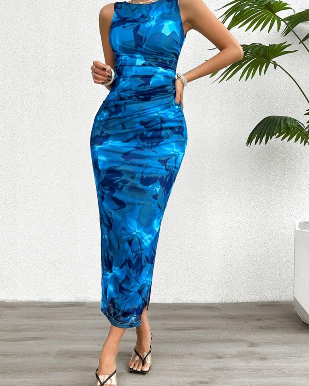 Abstract Print Sleeveless Midi Dress