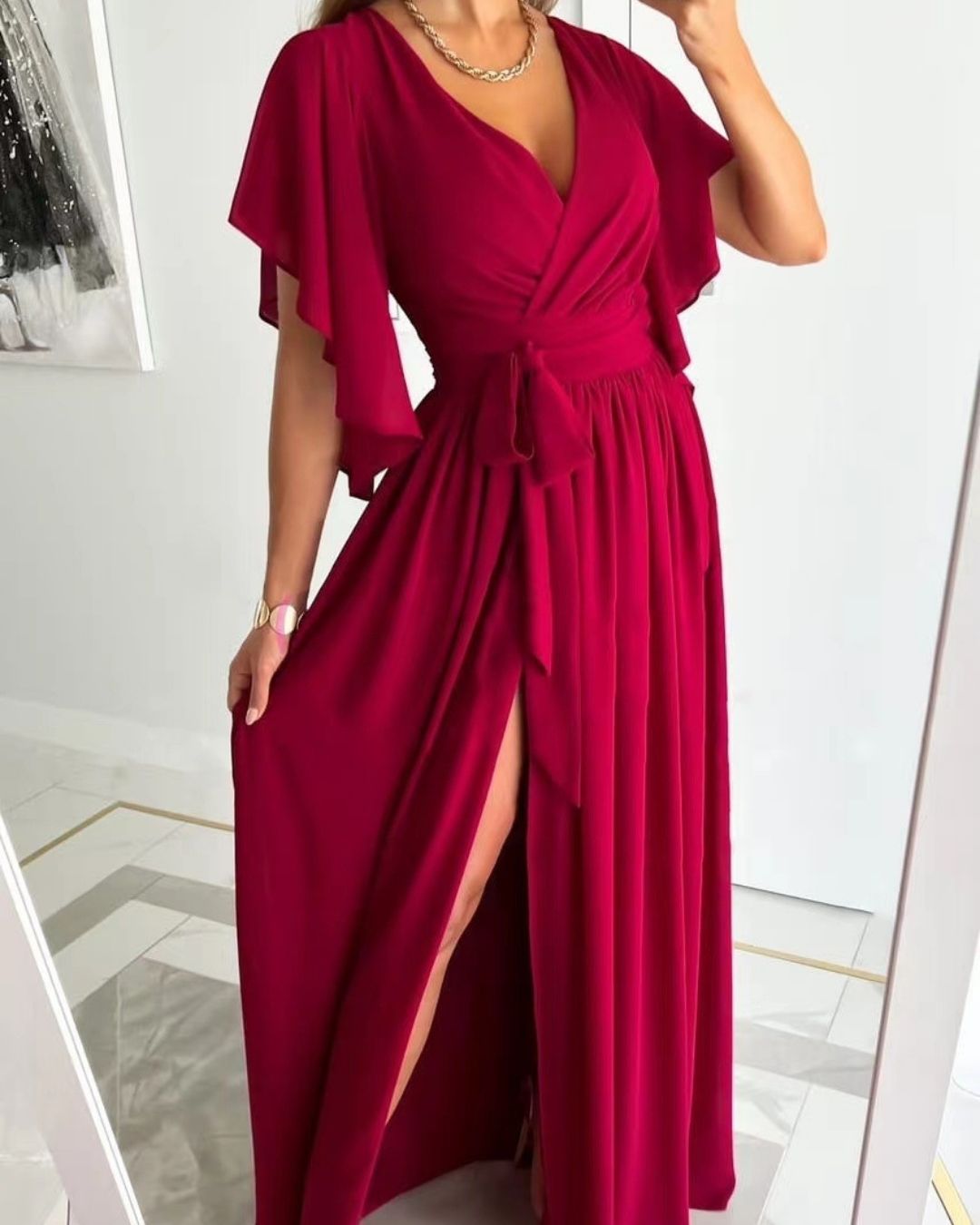 Flutter Sleeve Wrap Maxi Dress