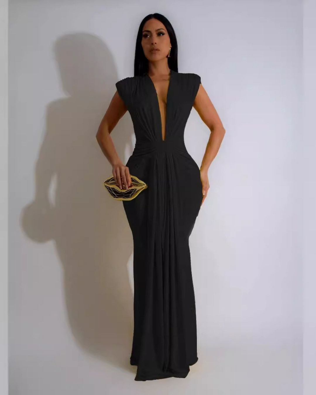 Deep V-Neck Draped Evening Gown