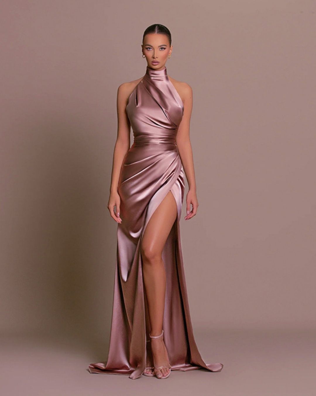 Halter Satin High-Slit Gown