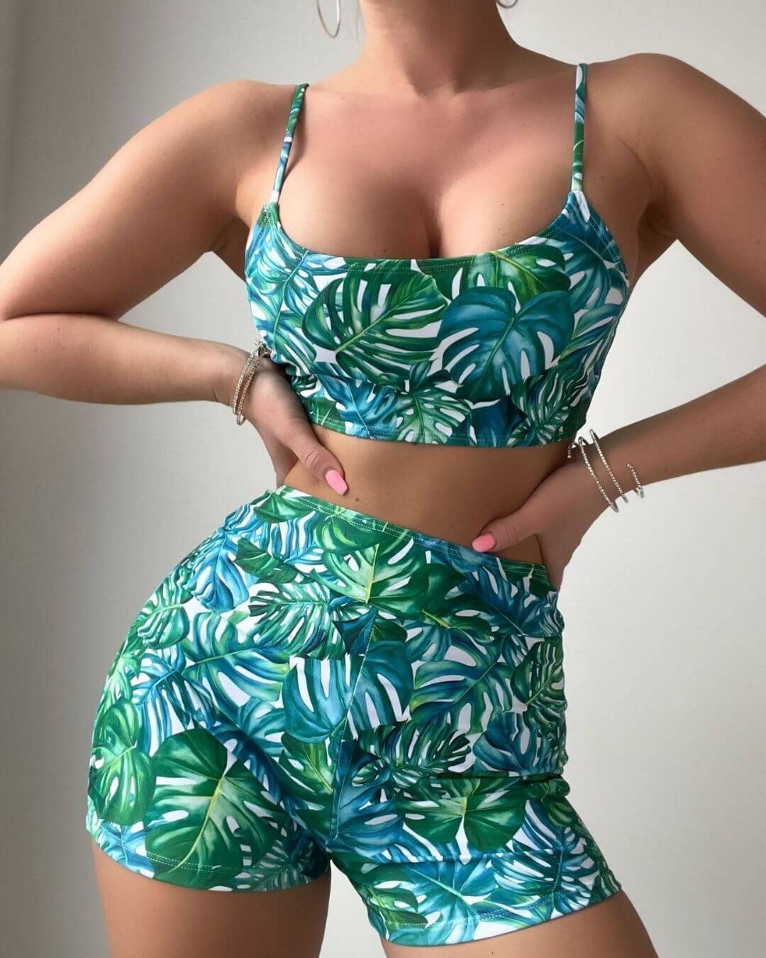 Tropical Leaf Print Crop and Shorts Set