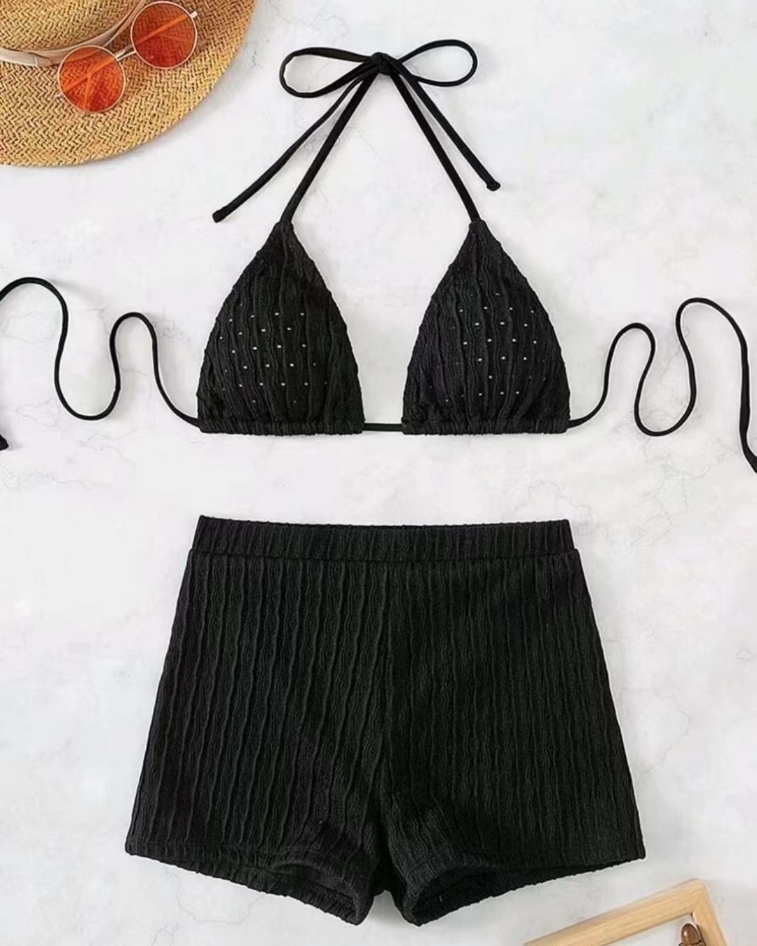 Textured Triangle Bikini Set with High Waist Shorts