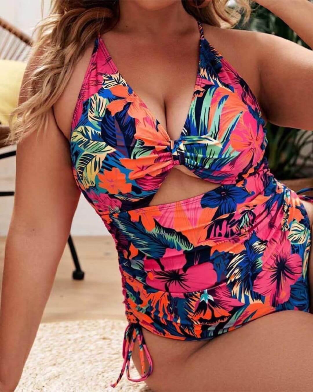 Tropical Floral Plus Size One-Piece Ruched Swimsuit