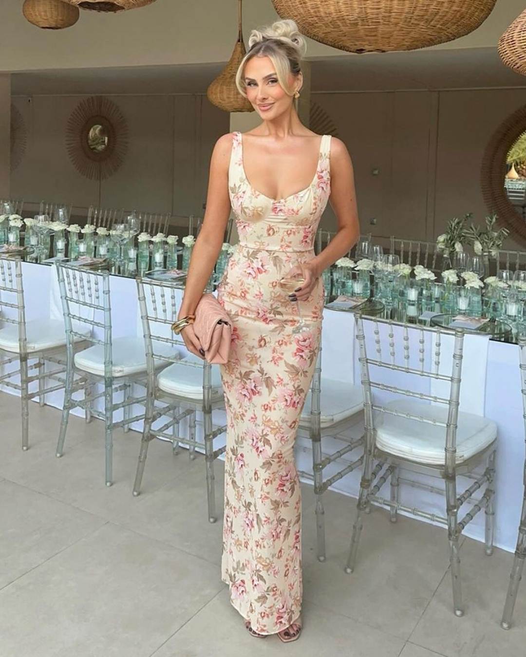 Beige Floral Sleeveless Dress