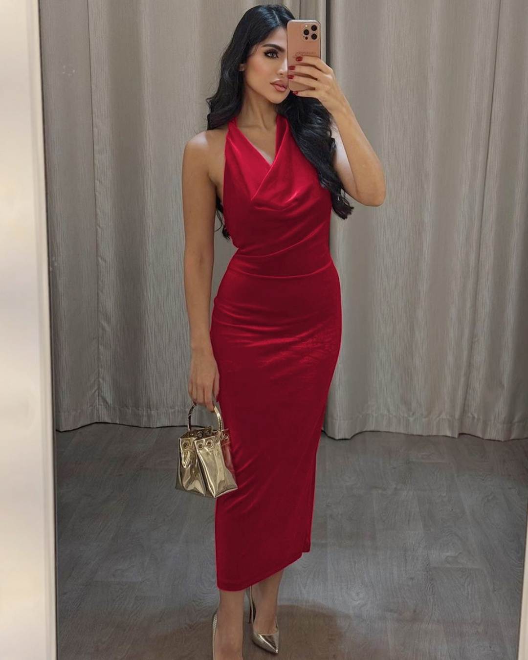 Red Cowl Neck Satin Dress