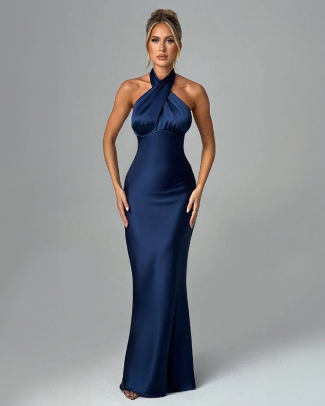 Navy Satin Halter Dress