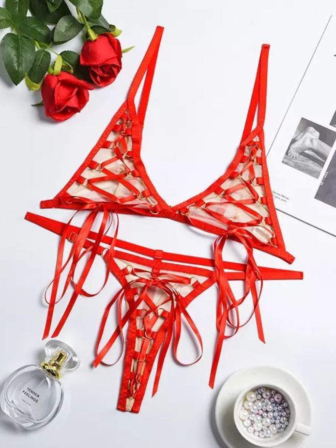 Ribbon Strap Sexy Red Lingerie Set Underwear
