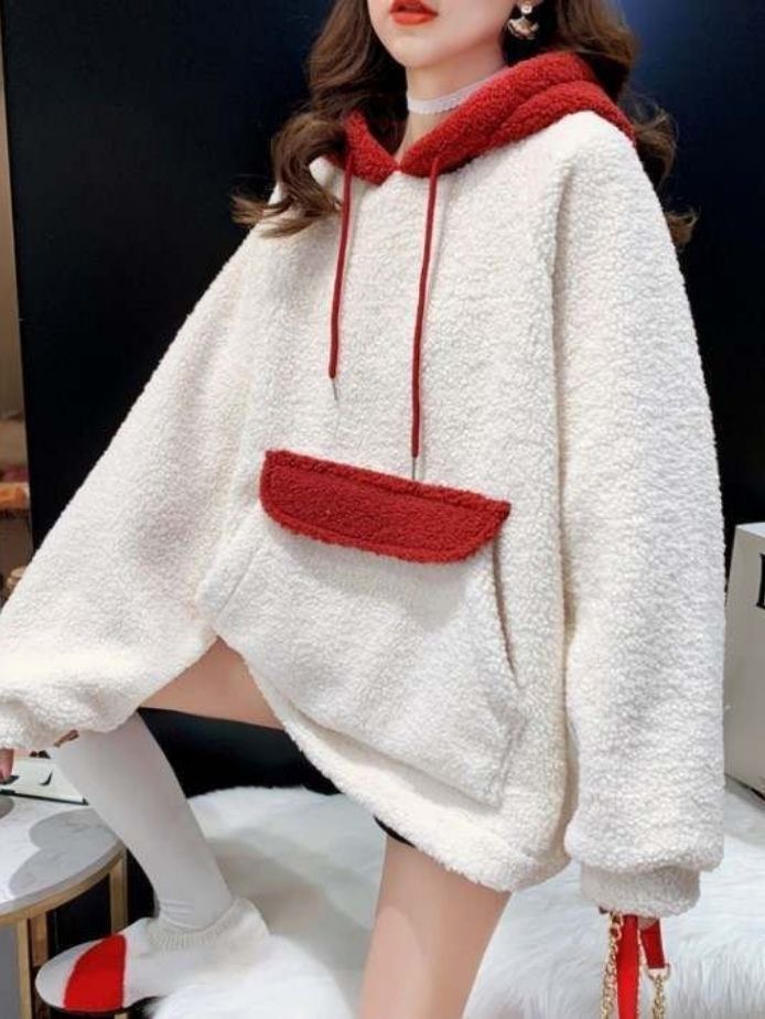 Red & White Fluffy Hoodie