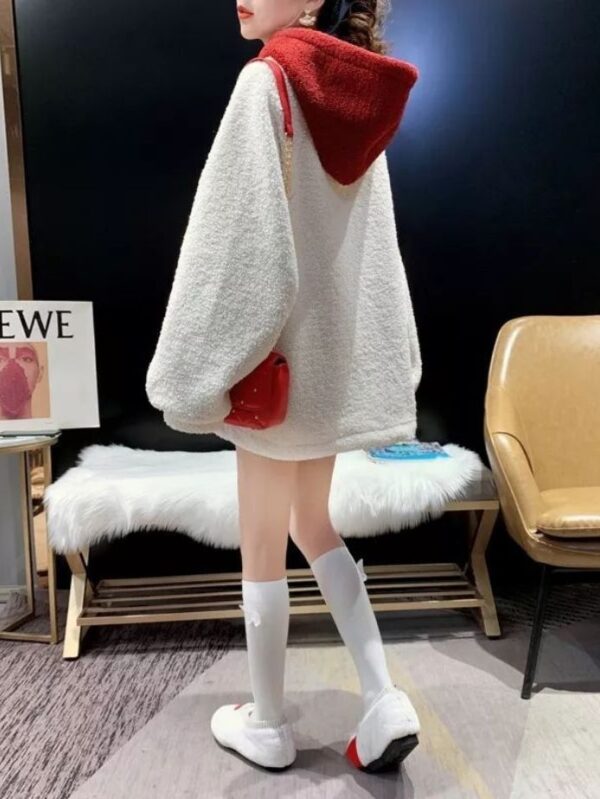 Red & White Fluffy Hoodie - Image 2