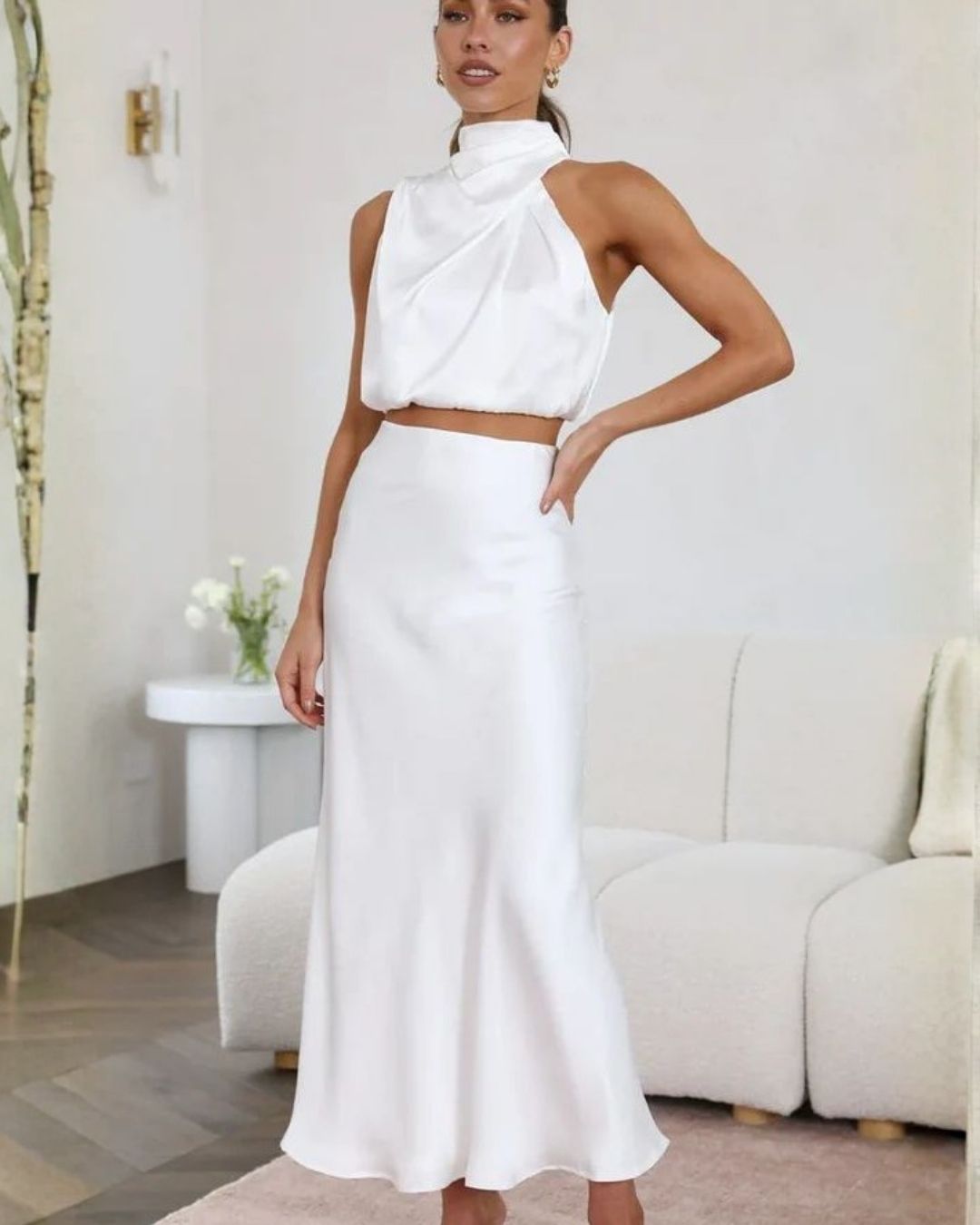 2pcs Silk Turtleneck top and Skirt Set