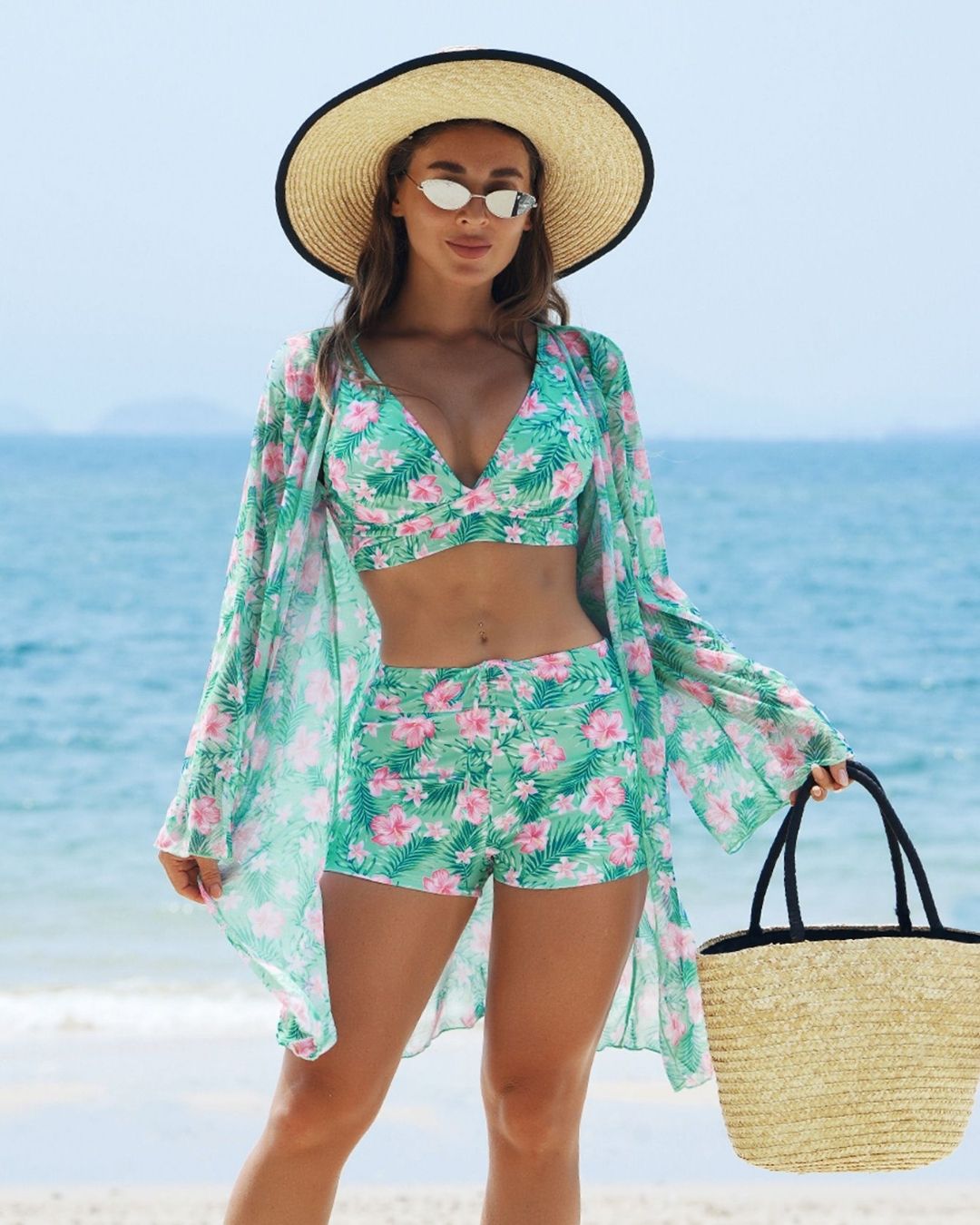 3pcs Long Sleeve Cover Up Bikini Short Set