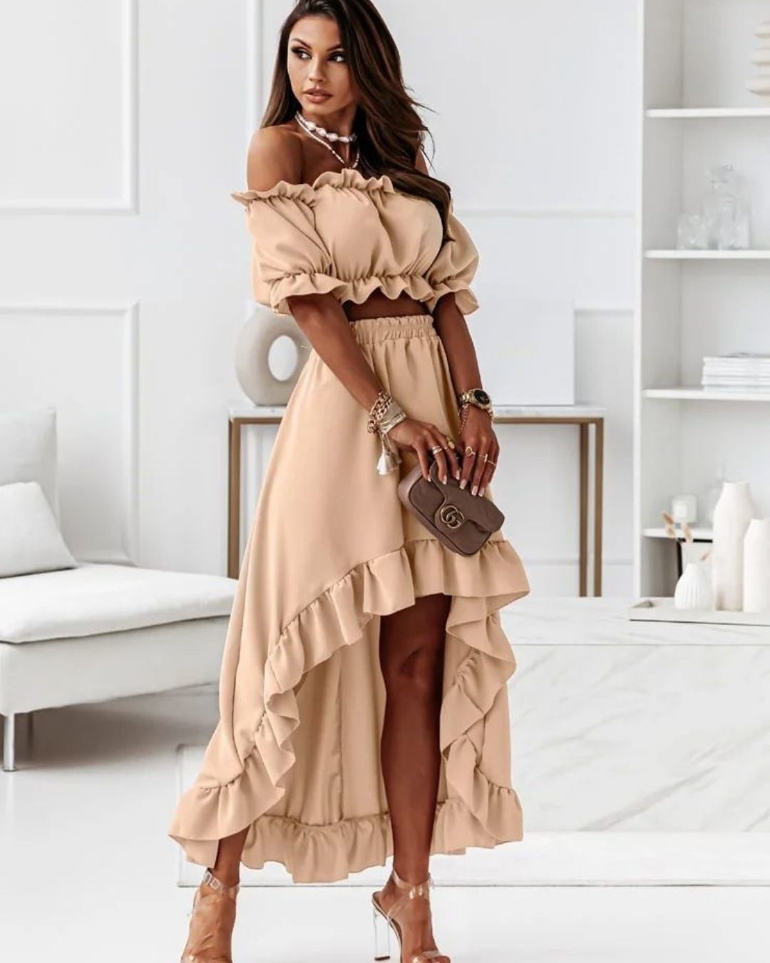Off Shoulder Ruffle Top and Skirt Set