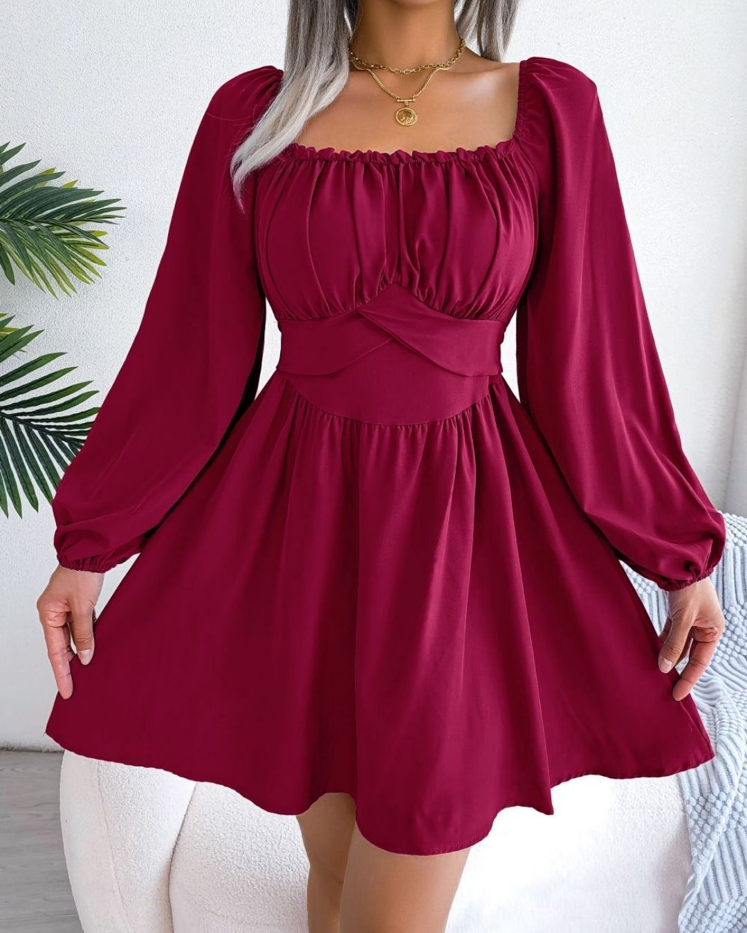 Square Neck Long Sleeve Dress