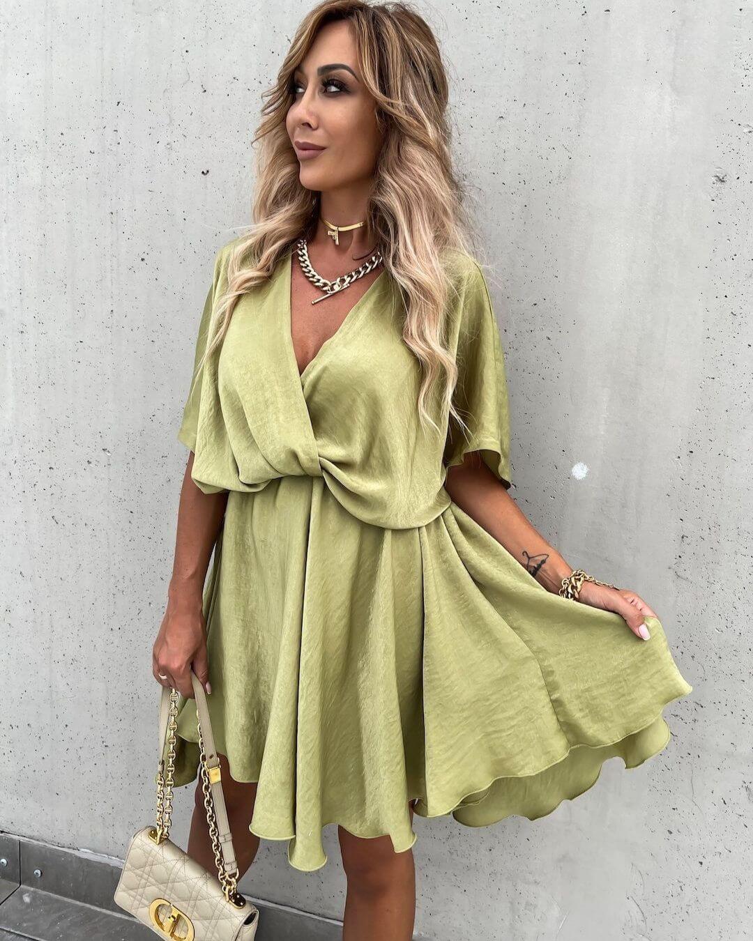 Deep V-Neck Ruched Dress