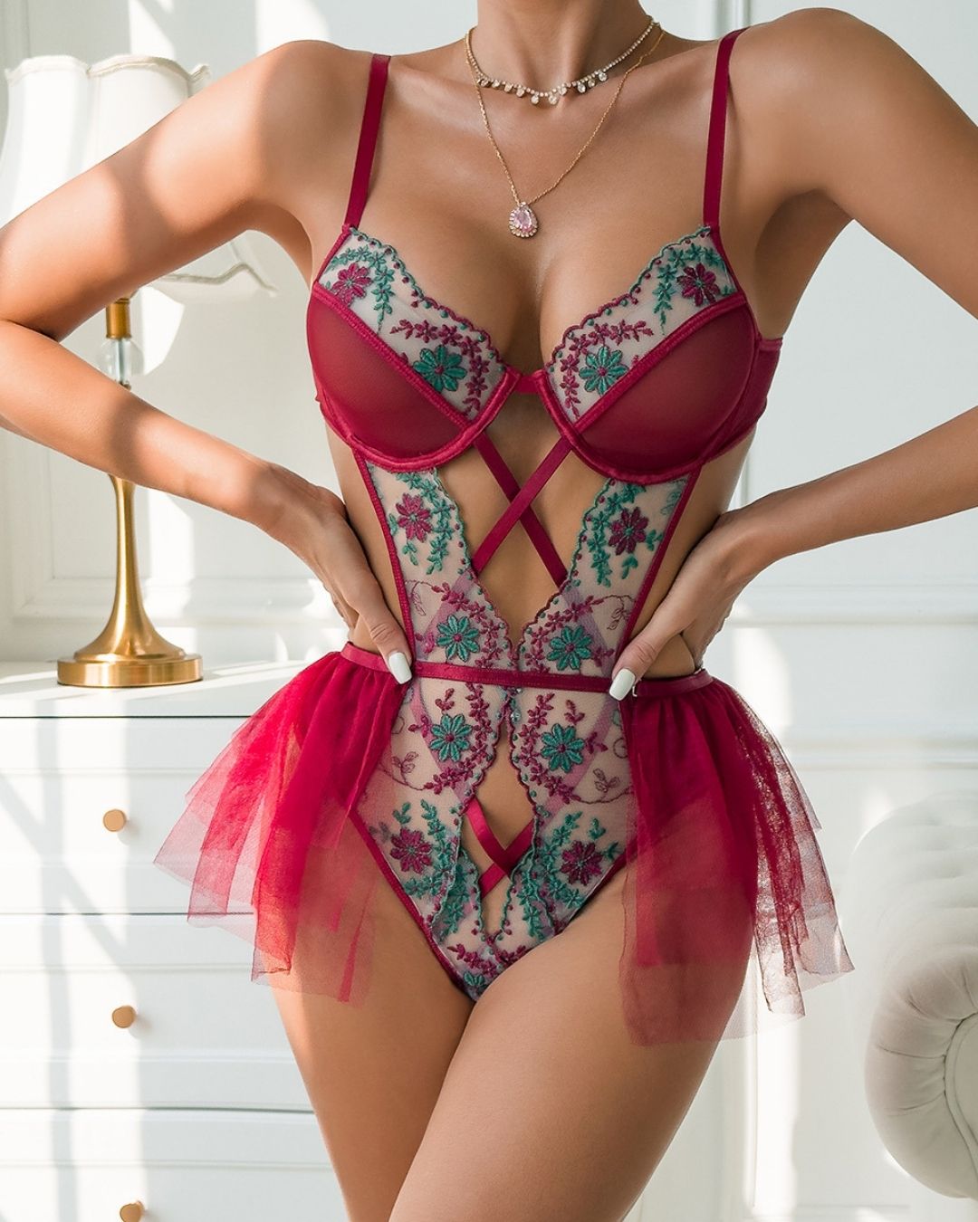 Burgundy Floral Embroidery Lingerie Bodysuit